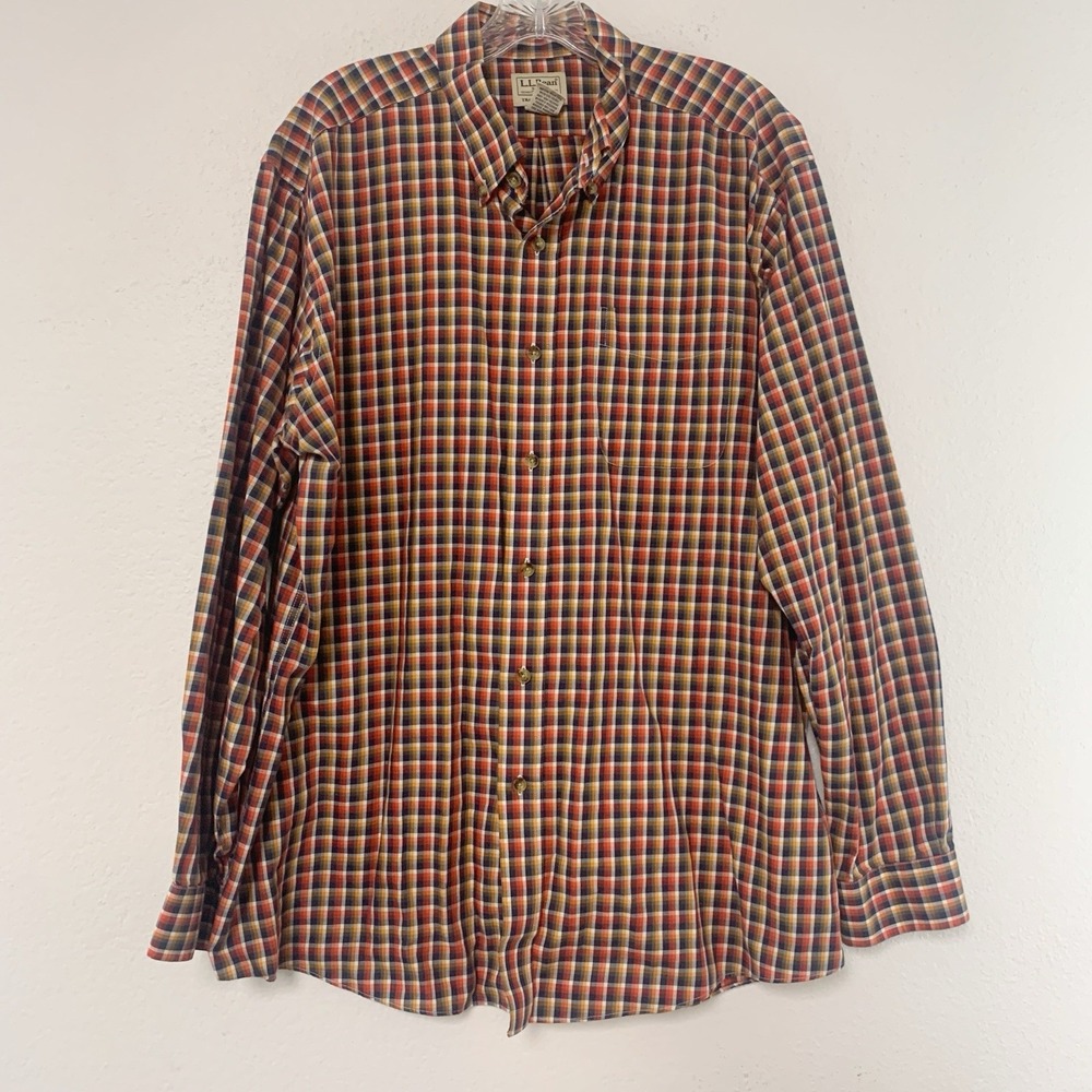 LL Bean Shirt Mens XL Reg Button‎ Down Traditional Fit Plaid 100% Cotton Orange